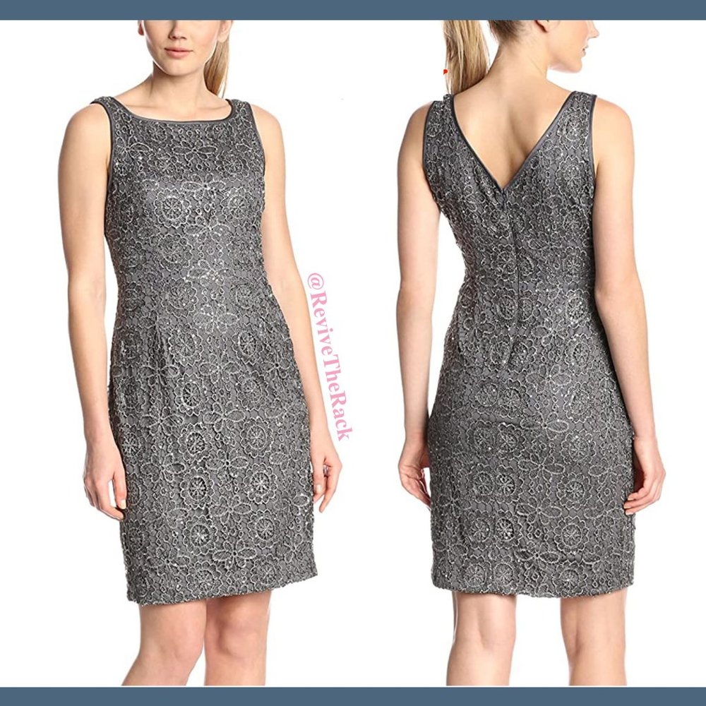 NWT Adrianna Papell‎ Sleeveless Sequin Lace Dress in Dark Grey [SZ 16 ]